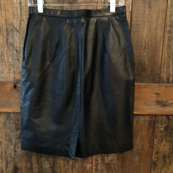Stratege Sz 11/12 Black Leather Mini Pencil Skirt w/Back Kick Slit - Picture 3 of 8